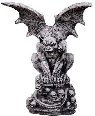 gartendekoparadies.de Gargoyle Gartenfigur mit Flügeln auf Totenschädeln, 40 cm Höhe, 8 kg, Grau, Steinguss, frostsicher für Außenbereich