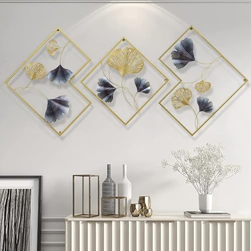 acfeco Wanddeko Metall 3er Set, Metallbilder Wohnzimmer Handgemachte, Wandskulpturen Dekorationen Gingko, für Wohnzimmer flur Büro Schlafzimmer Hotel Esszimmer, 164x70.5cm(A)
