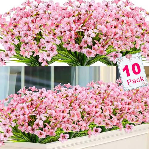 Titifeya 10 Bundles Artificial Pink Violet Flowers Outdoor UV Resistant Plastic Fake Plants, Artificial Faux Plants for Garden Window Box Hanging Planter Indoor Home Porch Decor