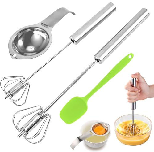 Handschneebesen, 4 Stück Schneebesen aus Edelstahl Set Halbautomatischer Schneebesen Rührbesen Eiweißtrenner Rührlöffel aus Silikon, Geeignet zum Schlagen, Verrühren von Eiern und Sahne