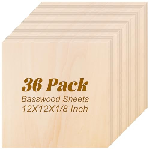 MIVIDE 36 Pack Basswood Sheets 1/8 inch, 12x12x1/8 Craft Plywood Sheets, 3mm Basswood for Laser Cutting, Plywood Board Unfinished Wood for Crafts DIY Ornaments and Models Engraving Drawing