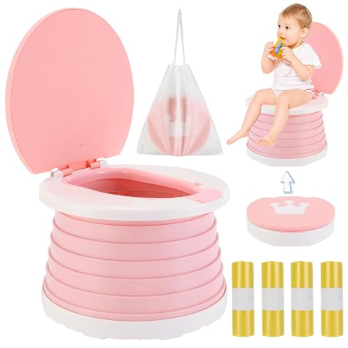 Vasino Portatile per Bambini da Viaggio WC Water Gabinetto Vasetto Pieghevole Bagno Bambina Bimba Toilette Bebè Toilet Mini Bimbi + 60 Sacchetti Vasino Per Viaggio in Campeggio o Uso Domestico(Rosa)