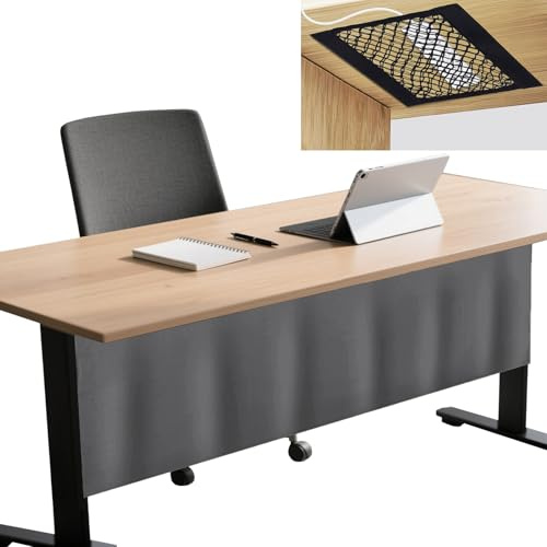 Icegrey Panel de privacidad Debajo del Escritorio con Red de gestión de Cables, faldón de Escritorio Autoadhesivo, Cortina de Panel de Escritorio para Oficina y hogar, Gris Oscuro, 180x38cm
