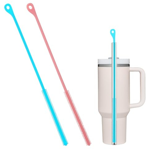 2pcs Straw Cleaning Brush, 9.44in Extra Long Silicone Bottle Straws Cleaner Reusable Cleaning Tool for Metal Glass Plastic Cap Straw & Bendable Pipe (Pink, Blue)