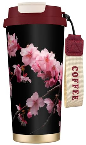 Tasses isothermes en acier inoxydable avec imprimé fleurs de cerisier japonaises, tasses à café à double paroi, tasse à café de voyage pour la maison et le bureau