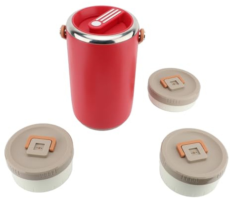 Fyearfly Tarro de acero inoxidable de 2,6 L, lonchera apilable de 3 niveles, a prueba de fugas, apto para microondas, con asa para oficina, camping, color rojo