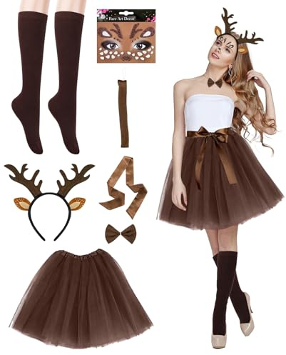 ALONK Damen Geweih Kostüm Set, Kaffee Tüllrock + Geweih Haarreif + Lange Socken + Gürtel + Rentier Gesichtstattoos, Reh-Kostüm für Fasching, Karneval & Mottoparty, Festliche Accessoires