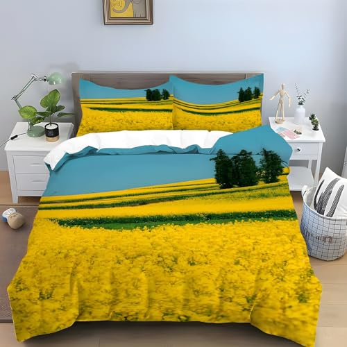 LLSZAHD Fleurs de Colza Housse de Couette 220x240cm, Fleurs Jaunes Parure de Lit, Housses de Couettes Microfibre avec Fermeture éclair et 2 Taies d'oreiller 65×65cm