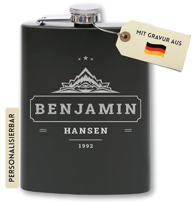 Flanacom Flasque Alcool Acier Inoxydable 227ml Gravée Personnalisée - Cadeau Homme Randonnée Camping Chasse avec Entonnoir (Design 1, 8 Oz Noir)