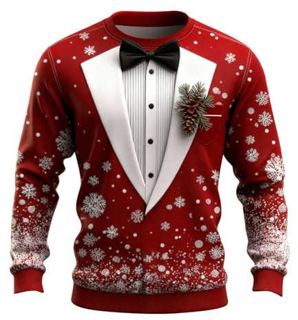 DENGJIAMY Ful jultröja för män rolig 3D-kostym tryck rund hals skjorta långärmad herr utomhus semester pullover vinter toppar, Z11 Svart, L