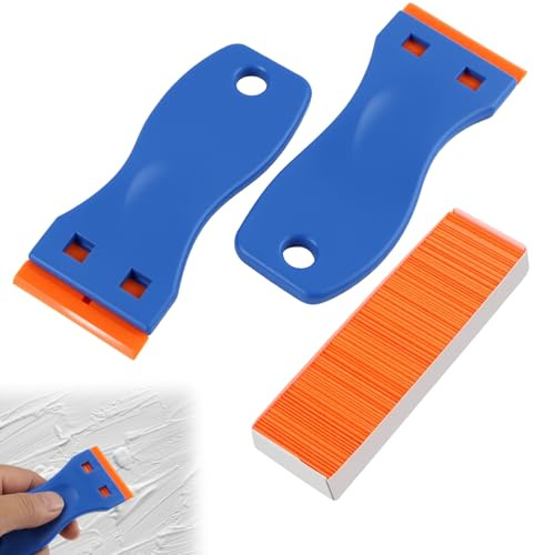 Grattoir Plastique Multifonctionnel, 2 Grattoirs et 100 Lames de Rechange pour Enlever Colle, Autocollants, Étiquettes, Peinture, Grattoir de Nettoyage pour Verre, Miroirs, Vitrocéramique, Bleu