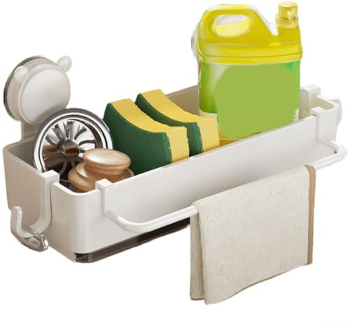 Organizer per lavello da cucina a ventosa, con cestello di scarico, in plastica, per spugne, spazzole e condimenti, compatto e pratico (bianco)