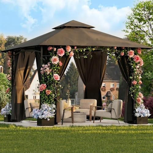 TRIUMPHKEY Pavillon 3,3x3,3m Wasserdicht Stabil Winterfest, Gartenpavillon mit Doppeldach, Seitlicher Rahmen mit Blumenmuster und Vier eiserne Blumentöpfe Gartenlaube für Garten, Terrassen, Grau