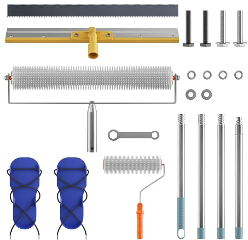 Bodenbeschichtung Set, Profi Set mit 2 Stachelwalzen (50cm+23cm), Großflächenrakel 56cm, Nagelschuhe und 1.6m Teleskopstiel für selbstnivellierende Ausgleichsmasse Epoxidharz auf Boden Wand Garage
