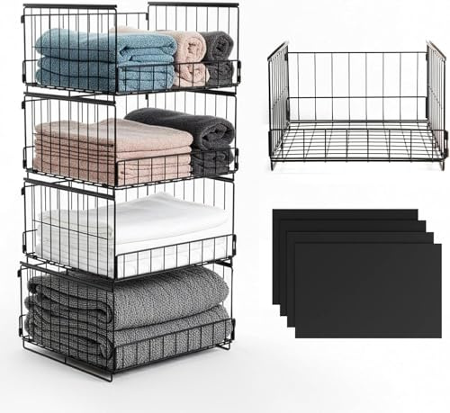ARATERVIO 4er-Pack Stapelbare Küchenschrank-Organizer, Metall-Wire Drahtkörbe zum Herausziehen für Küche, Bad & Kleidung, Faltbares Aufbewahrungssystem, Robust & Modern, Platzsparend