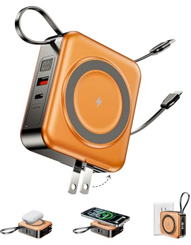 10000mAh for Magsafe Portable Charger Built-in Cables & AC Wall Plug,Orange