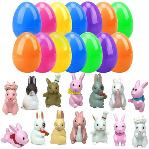 14 Huevos de Pascua llenos de Juguetes, Mini Huevos Sorpresa con Figuras de conejitos, Linda exhibición de Conejos de Granja para niños y niñas, Pascua Llena de Juguetes, Cesta, Sorpresa, E