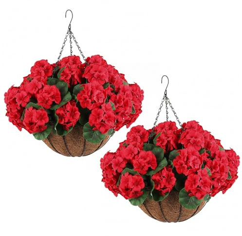 Confezione da 2 Gerani Artificiali per Esterni, Gerani Rossi da 11, 8 Pollici Fiori Artificiali Cesto Appeso Fiori da Esterno Resistenti ai Raggi UV Seta Realistica per Arredamento da Giardino Porti