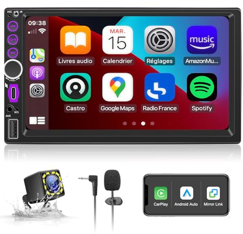 Autoradio 2 DIN mit Wireless CarPlay und Android Auto, 7 Zoll Touchscreen Bildschirm, Bluetooth Freisprecheinrichtung, FM Radio, Mit Rückfahrkamera, Typ-C, Mirror Link, Lenkradsteuerung