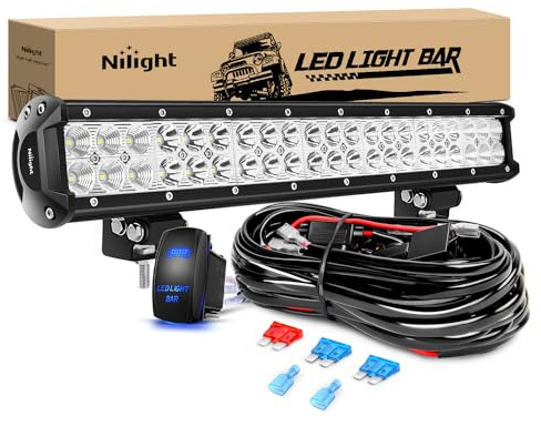 Nilight LED Light Bar 20 Inch 126W Spot Flood Combo Led Off Road Lights 12V 5Pin Rocker Switch LED Light Bar Wiring Harness Kit, 2 Years Warranty, Model: ZH082, Clear