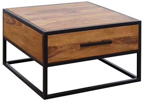 FineBuy Couchtisch 65x65x38 cm Sheesham Massivholz Metall Braun | quadratischer Wohnzimmertisch Industrial, Sofatisch aus Echtholz, Stubentisch handgefertigt, Unikat