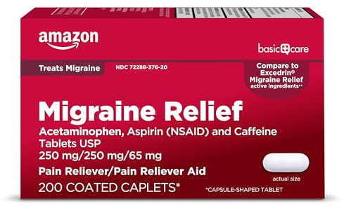 Amazon Basic Care Migraine Relief Acetaminophen, Aspirin (NSAID) and Caffeine Tablets, Pain Reliever/Pain Reliever Aid, 200 Count