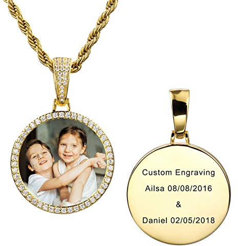 MeMeDIY Collier Photo Personnalisé Médaille en Cuivre Gravée Texte/Nom/Date Mémoire Aile d'ange et Pendentif en Forme de Coeur et Rond avec Chaîne de Corde à Breloques Hip Hop (Or 22 pouces)