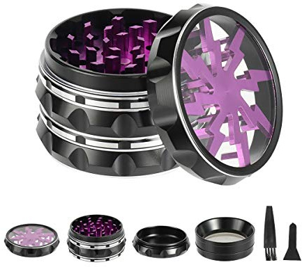 TIRIRS Kräutermühle aus Aluminium mit transparentem Deckel, 6,3 cm, 4 Stück, mit Pollenschaber und Reinigungsbürste - schwarzer Körper mit lilafarbenem Blitz auf dem Deckel