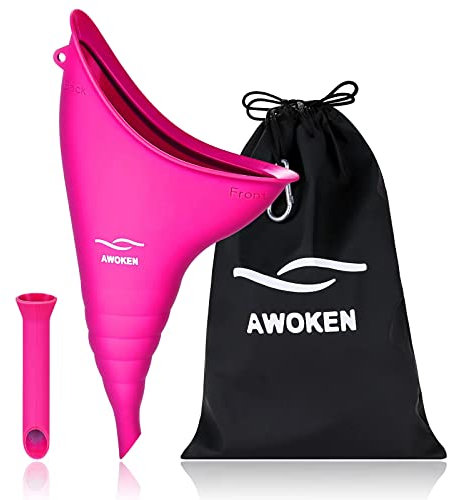 AWOKEN Female Urination Device, Reusable Silicone Female Urinal Women Pee Funnel Women to Pee Standing Up, Female Urinal with Drawstring Bags for Travel and Outdoor Camping (Rose Red)