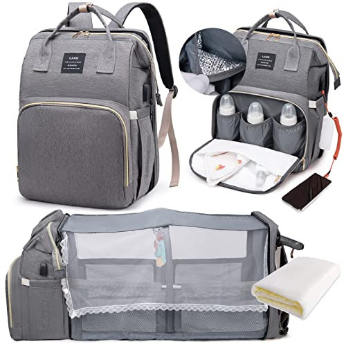 LEcylankEr Wickelrucksack mit Babybett - Große Wickeltasche Rucksack mit Wickelauflage & Isoliertasche & Moskitonetz & USB-Ladeanschluss (grau)