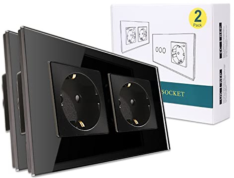 2er-Pack CNBINGO Glas Schuko Steckdose unterputz, Doppelsteckdose Schwarz | Wandsteckdose zweifach mit Glasrahmen