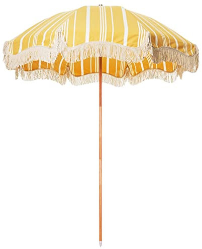 GHARAZ Parasol À Franges Rayé Jaune Blanc, Parasol de Plage Extérieur 2m/7ft, Parasol en Bois Inclinable,pour Balcon, Jardin, Terrasse