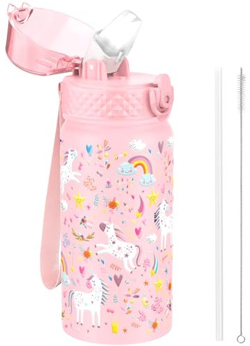 GOPPUS Borraccia Termica per Bambini da 420ml/14once con Cannuccia Doppia Parete in Acciaio Inossidabile con Isolamento Sottovuoto Acciaio in Metallo a Prova di Perdite a Doppia Parete Senza BPA