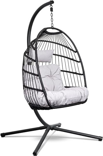 Swoods Hängesessel mit Gestell - Hängesessel Outdoor - Indoor und Outdoor - Hängstuhl mit Großen Kissen - Klapbarer Rattensessel - bis 150 kg - Hellgrau