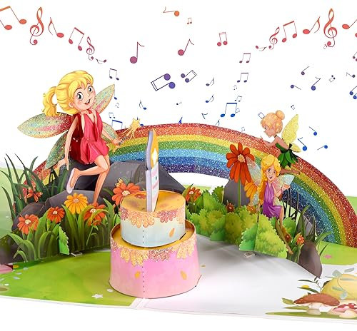 Geburtstagskarte mit Musik, Fee Pop Up Geburtstagskarten für Mädchen Kinder, 3D Pop Up Singende Karte Geburtstag mit LED Licht Kerze für 1 Jahr, 2/3/4/5/6/7/8/9 Jahre Mädchen,Tochter, Enkelin