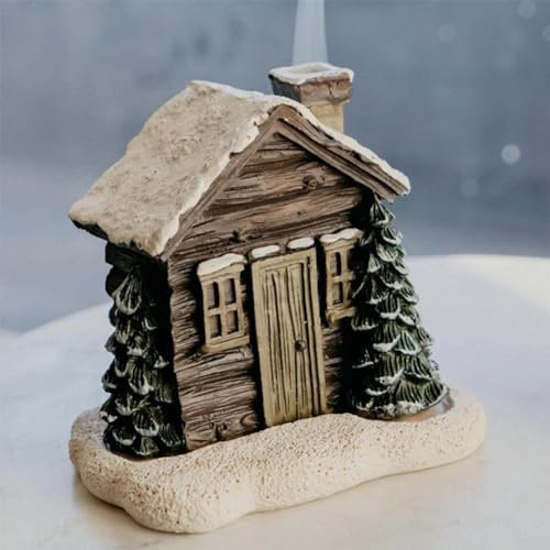 Log Cabin Christmas Decoration - Incense Burner with 2 Incense Cones - Wooden Resin House - Collectible Statue for Xmas Home Decor Gifts