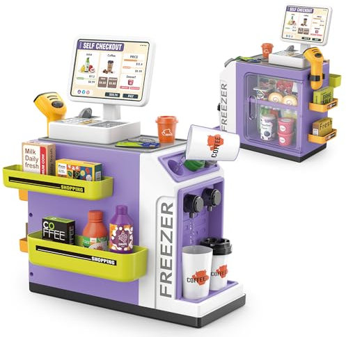 Sotodik 46 Stück Registrierkasse Supermarkt Kasse Elektronische Kasse mit Scanner Registrierkasse Spielkasse mit Lichtern und Sound Rollenspiel für Kinder（Lila