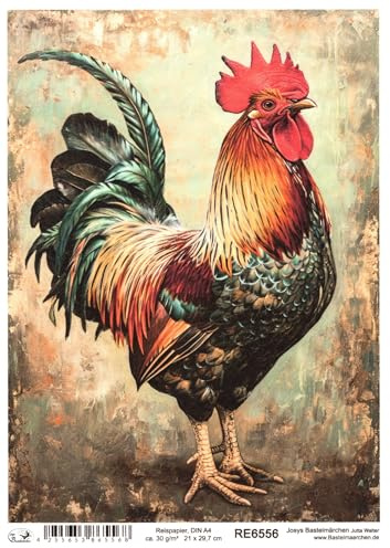 Josys Bastelmärchen Reispapier A4 Strohseide Decoupage Ostern stolzer Hahn Vintage Shabby RE6556