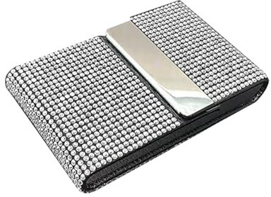 FSSTUD Bling Kartenetui Leder Visitenkartenetui Slim Namenskartentasche Strass Kartenhalter Etui Metall Visitenkartenetui für Frauen Mädchen, weiß, 9.91 x 6.35cm(L x W)