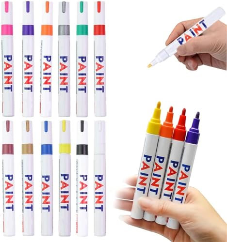 Qoobom Lot de 12 stylos de peinture imperméables pour pneus, 12 couleurs, imperméables et résistants à la décoloration, marqueurs permanents à base d'huile pour pneus de voiture, pour métal, tissu,