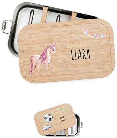 Bärenfreunde® - Personalisierte Brotdose für Kinder mit Spezial-Druck - Robuste Edelstahl Brotdose - Personalisierte Geschenke für Kinder & Erwachsene (Einhorn Girlande,klein Edelstahl)