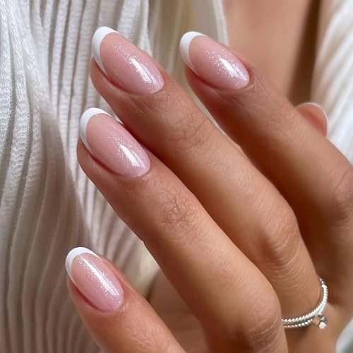 Französische Nägel zum aufkleben mit Glitzer, Weiße Spitzen, Glänzend, Selbstklebend, 24Pcs Acryl Kurz Fake Nails Falsche Nägel für Frauen Maniküre Nail Art, 12 Größen (Weiße French)
