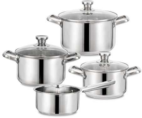Fuexmotco Topfset Induktion 7-teilig,Kochtöpfe mit Glasdeckel,Edelstahl poliert Kochtopfset aus 3-lagig,für alle Herdarten,Induktions Töpfe Set unbeschichtet,Spülmaschinenfest