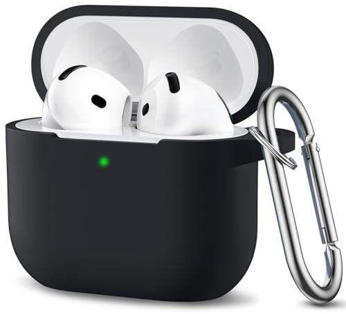 Ouwegaga Hülle Kompatibel mit Apple AirPods 4 Hülle 2024 - Weiches Silikon Schutzhülle für AirPods 4 Case, Stoßfeste Hülle für AirPods 4 Generation, Front-LED Sichtbar, Mit Karabiner, Schwarz