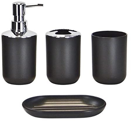 4pcs Bathroom Accessories Set, Toothbrush Holder Tooth Mug Soap Dish Liquid Bottle Bathroom Set Shower Countertop Vanity Organizer(Black)
