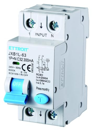 Interruttore magnetotermico differenziale salvavita, 1P+N, occupa 2 moduli DIN, 220V 230V, 32A C32, 300mA, 6KA 6000A, RCBO
