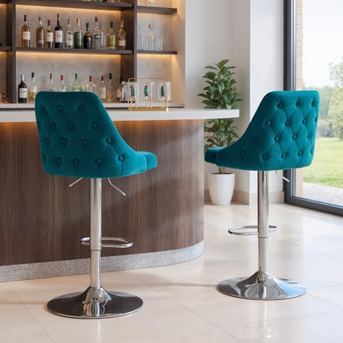 Ya-Home Barhocker 2er Set Barstuhl aus Samt Küchenhocker höhenverstellbar Tresenhocker drehbarer Bistrohocker mit Fußstütze für Kücheninsel/Hausbar, Blau