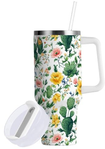 FRODOTGV Vakuumisolierter Becher mit Deckel und Strohhalm, Motiv: Frühlingsblumen, Kaktus, weiß, 850 ml, Kinder-Wasserflaschen, breite Öffnung, Bürobecher für Zuhause, Büro oder Auto