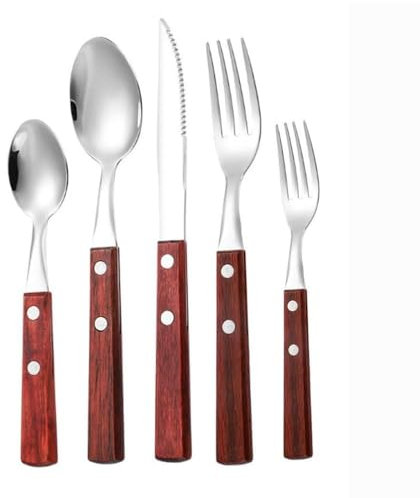 Ensemble de couverts de cuisine en acier inoxydable avec manche en bois massif, couverts de table, couteaux, fourchettes, cuillères, couteau à steak, cuillère à dessert (B, 20 pièces)(B,5 pieces)