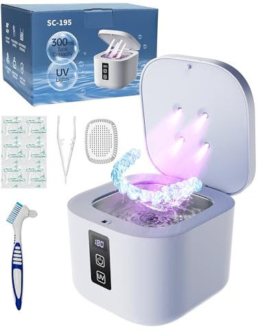 Akinguar Pulitore Ultrasuoni，48000Hz Pulitore Ultrasuoni Apparecchio Denti, 375ML Ultrasonic Cleaner, 4 Luci Automatiche di Pulizia UV per Apparecchio Denti, Protesi Dentali, Maschere Denti, Gioielli